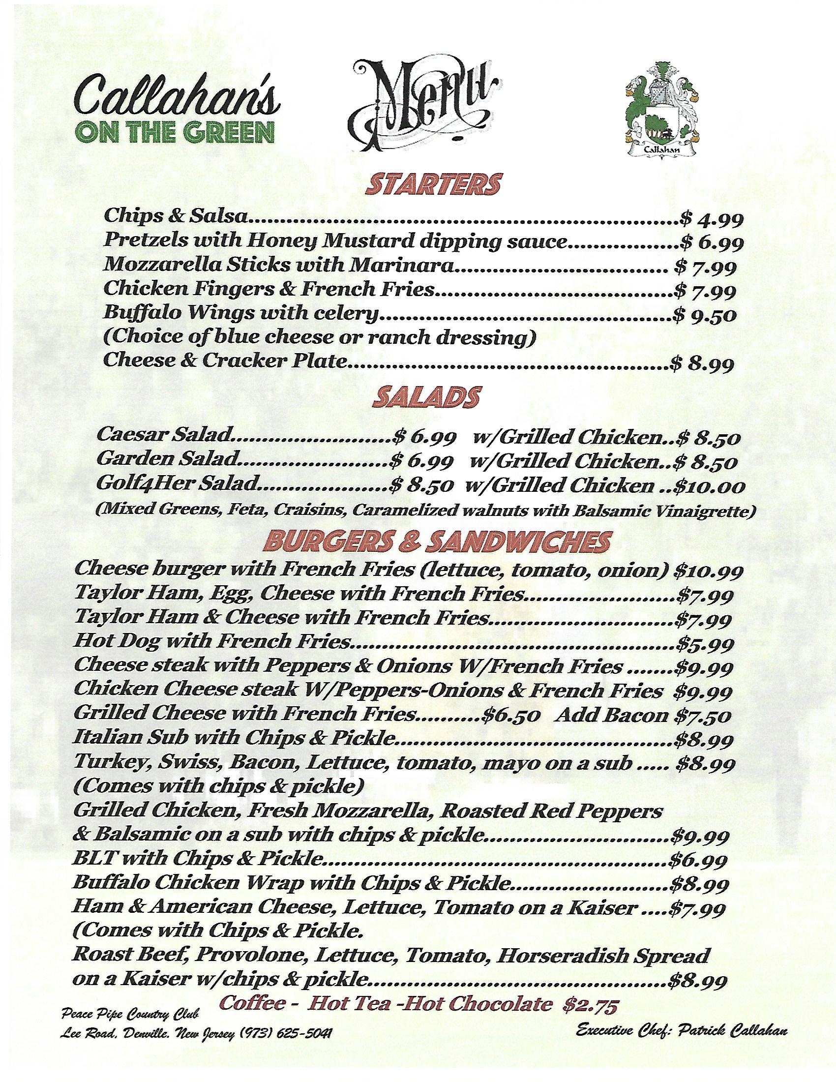Callahans Menu